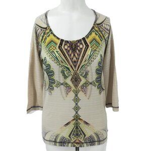 One World Raglan Sleeve Knit Top Size S Ethnic Geometric 3/4 Sleeve Gold Cream